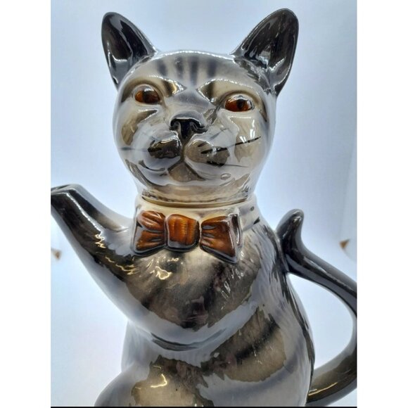 VINTAGE "FOOT" TONY WOOD STUDIO GREY/BLACK TABBY CAT TEA POT EUC - Picture 7 of 12